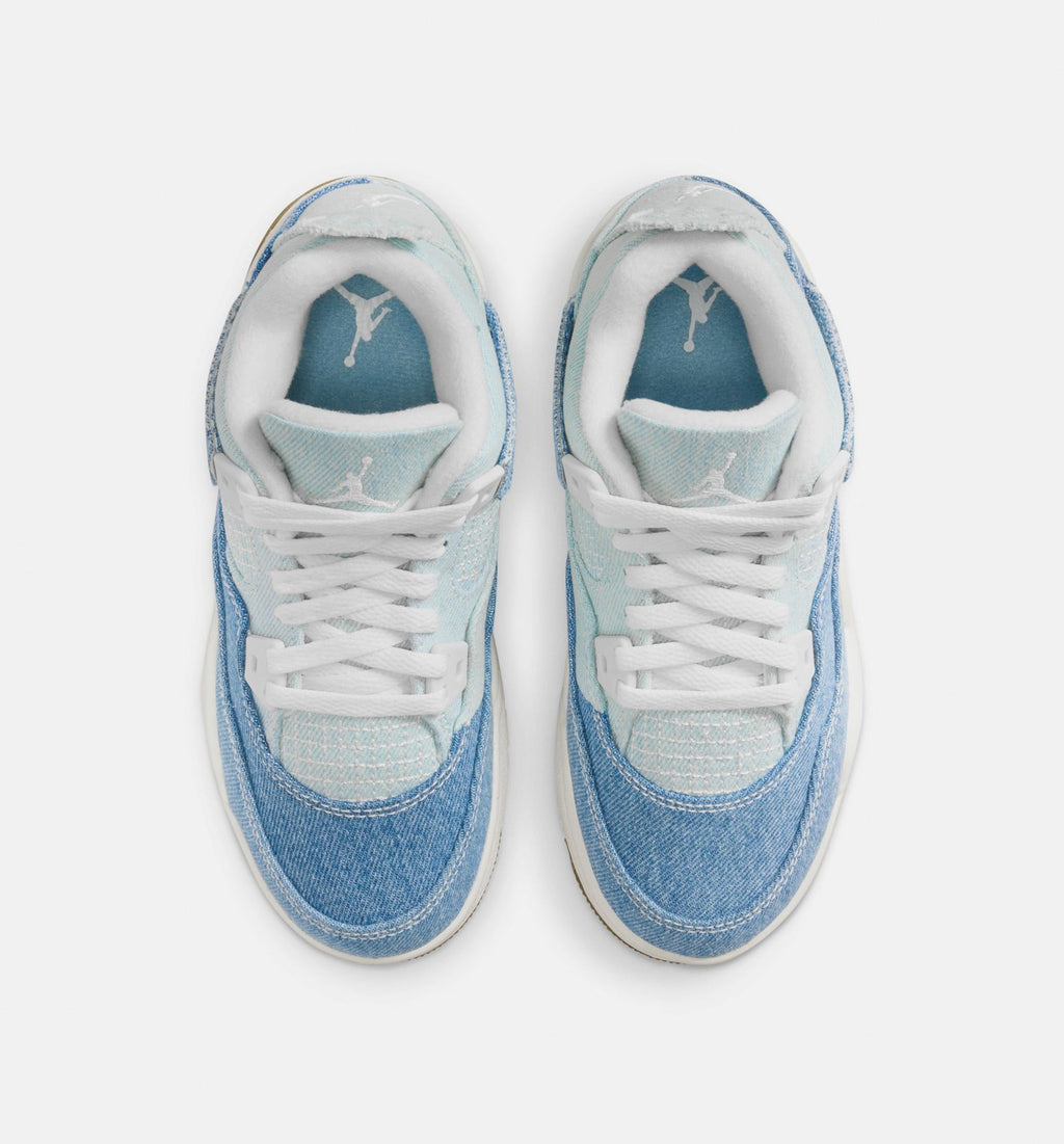 Air Jordan 4 Retro Worn Blue Preschool Lifestyle Shoe - Sail/Worn Blue/Metallic Gold